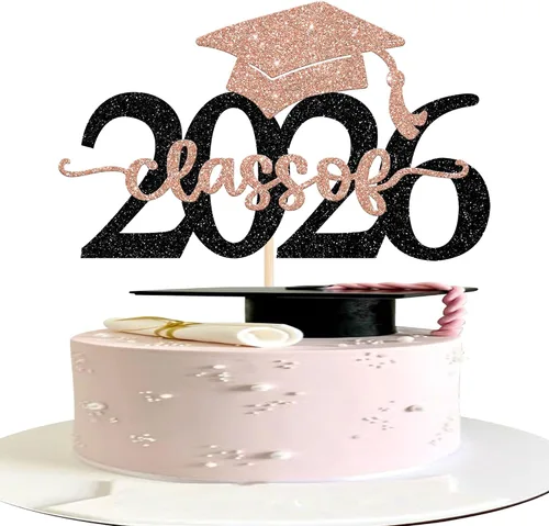 Miniatura 8 de Rsstarxi 1 paquete de decoración de pastel con purpurina para la clase de 2026, decoraciones de graduación 2026, tapa de felicitaciones