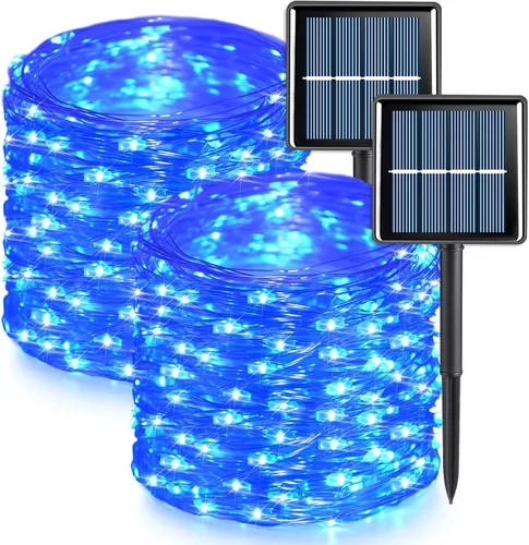 Miniatura 14 de QITONG Guirnalda de luces solares impermeables para exteriores, paquete de 2 unidades de 200 luces LED blancas de Navidad de 66 pies, cable Blanco