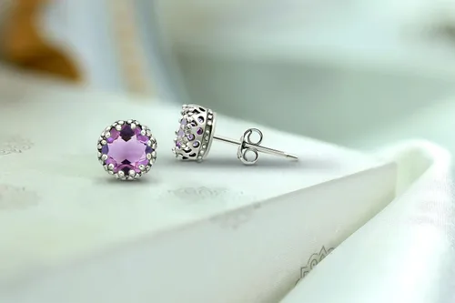 Miniatura 6 de Aretes con pasante de plata esterlina con gema de nacimiento redonda de 6 mm, piedra preciosa genuina e imitación