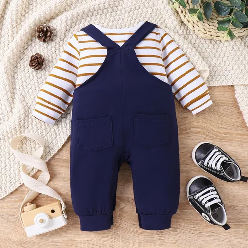Miniatura 3 de Conjunto de ropa de bebé para recién nacido, para otoño e invierno, a rayas, mameluco de dibujos animados, conjunto de pantalones con tirantes