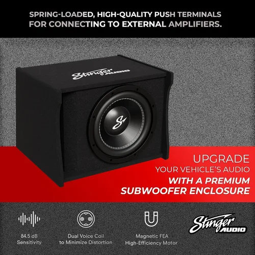 Miniatura 2 de Stinger Audio Single 10" 1200W ranura cargada ranura portada subwoofer gabinete de audio para coche 1 ohmio, subcaja ventilada premium para añadir
