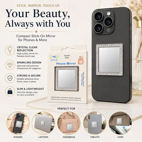 Miniatura 4 de Wireless City Espejo cuadrado para teléfono, espejo de maquillaje con diamantes dorados con circonita cúbica, adhesivo de espejo de 2.0 in