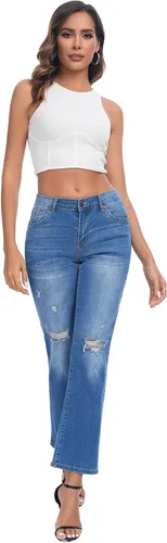 Miniatura 6 de Jeans para mujer, rasgados de cintura media, jeans estilo boyfriend, pierna recta, elásticos, desgastados, jeans para mamá con agujero