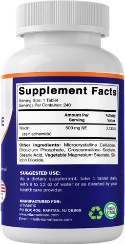 Miniatura 8 de Vitamatic Niacinamida 500 mg 240 Tabletas - Vitamina B3 sin rubor - Apoya la producción de energía