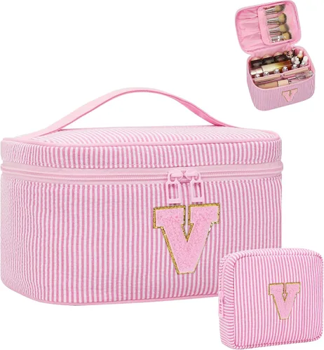 Miniatura 34 de Juego de bolsas de maquillaje con iniciales para niñas y mujeres, bolsa de cosméticos con monograma con soporte para cepillos, estuche de maquillaje
