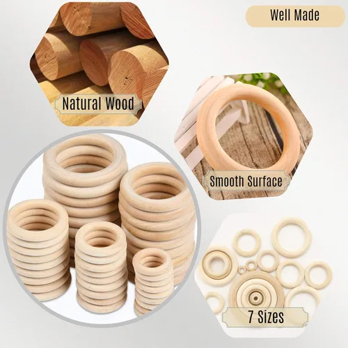 Miniatura 3 de NNHOM 70 anillos de madera para macramé, 7 tamaños de círculos de madera para manualidades, anillos para manualidades, fabricación de joyas
