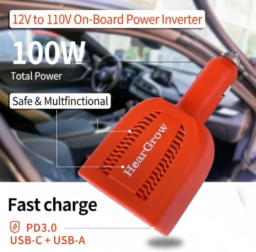 Miniatura 5 de HearGrow - Inversor de corriente para automóvil de 100 W, adaptador de corriente continua de 12 V a 110 V CA con puertos USB-C PD y QC3.0 de 18 W