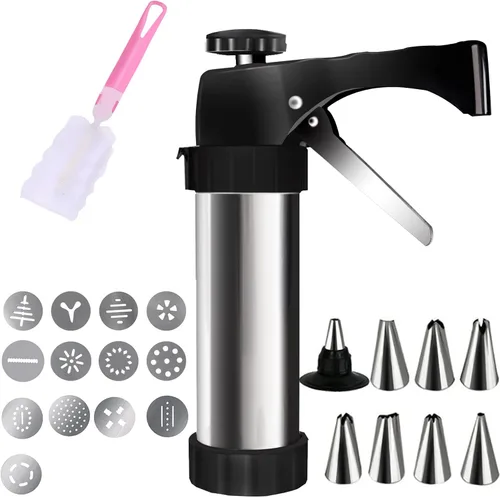 Prensa para galletas, pistola para galletas spritz para hornear, kit de pistola de galletas de acero inoxidable con 8 puntas para glaseado y 13