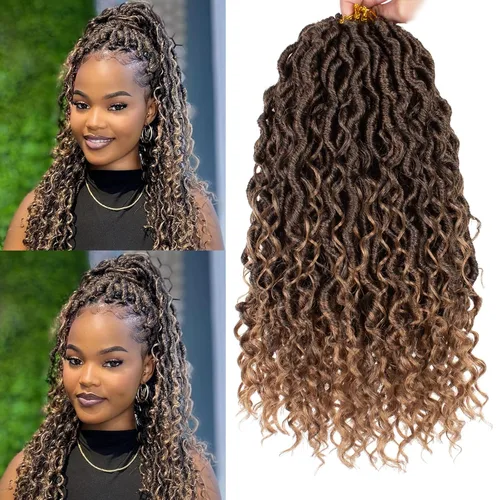 COOKOO Rastas Goddess Locs Rizadas Rubio Degradado de 14 Pulgadas, Cabello de Ganchillo, 8 Piezas Rastas Bohemias Falsas de Ganchillo, 14 T27#