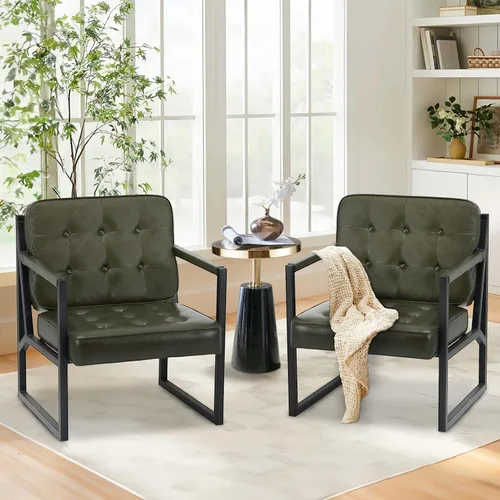 Miniatura 8 de COLAMY Silla decorativa moderna, sillón con brazo decorativo para sala de estar, cómodo sillón de cuero con patas de metal para dormitorio, Azul