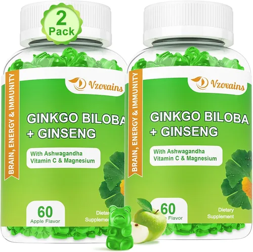 2 paquetes de gomitas Ginkgo Biloba de 240 mg, apoyan la función cerebral saludable, el estado de ánimo y la memoria para adultos, 120 unidades