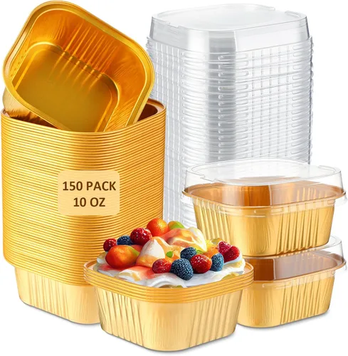 Miniatura 28 de Aoriher 150 piezas de moldes mini para pasteles de 10 onzas con tapas, tazas de horneado de papel de aluminio cuadradas desechables de 4" x 4