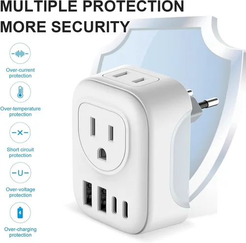 Miniatura 5 de VYLEE - Adaptador de enchufe de viaje europeo, paquete de 2, adaptador de viaje internacional con 2 salidas y 4 puertos USB (2 USB C), cargador