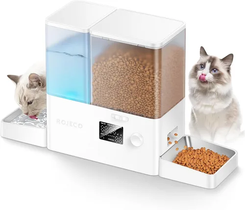 ROJECO Comedero automático para gatos y dispensador de agua, 36 tazas/8.5 L, cuencos de acero inoxidable 2 en 1, dispensador de comida para gatos de