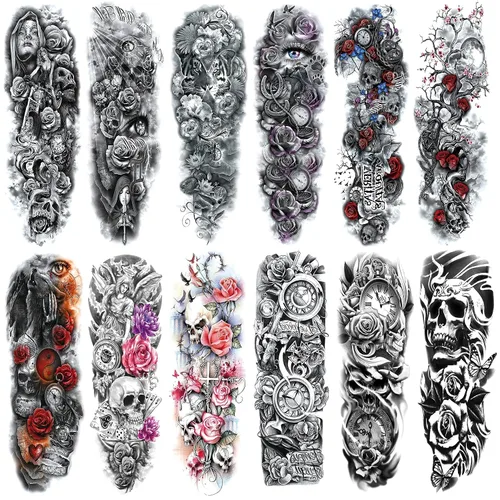 Miniatura 3 de Calcomanías de tatuajes falsos de manga de tótem, tótem tribal de brazo completo, mangas temporales para adultos, niños, mujeres, maquillaje, 12