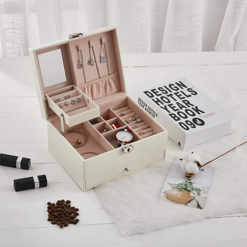 Miniatura 2 de goldwheat Joyero organizador de cuero de dos capas con espejo de cerradura para mujeres y niñas, estuche de viaje, almacenamiento de exhibición
