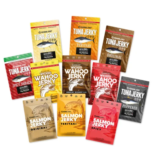 Miniatura 21 de Kaimana Jerky Ahi - Paquete de muestra de atún y salmón - Cecina de pescado totalmente natural y capturada en la naturaleza. Fabricado en Estados