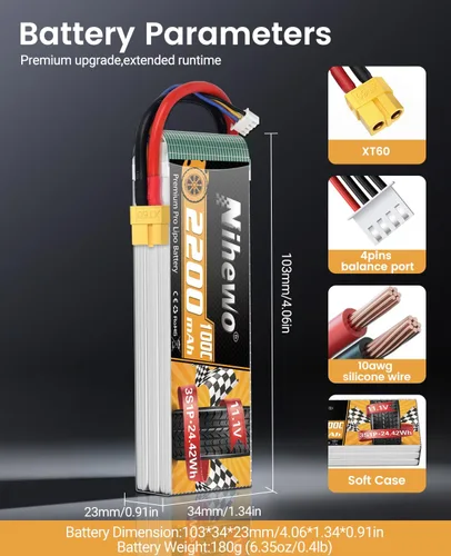 Miniatura 3 de 3S Lipo Battery 2200mAh 11.1V RC Lipo Batería 100C con enchufe XT60 Funda suave para RC Drone FPV Aviones Multi-Motor Quadcopters Autos, Camiones