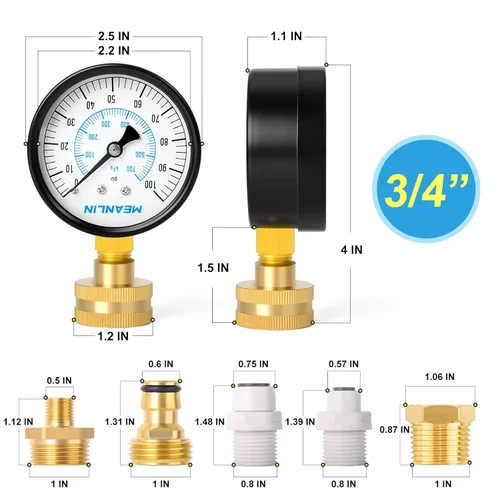 Miniatura 2 de MEANLIN MEASURE Kit de presión de agua hembra de 0 ~ 100 psi, 3/4 pulgadas más 5 adaptadores, dial de cara de 2.5 pulgadas, kit de manómetro