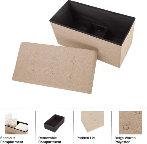 Miniatura 4 de Lavish Home Otomana plegable de almacenamiento, juego de 2 reposapiés copetudos de 30 pulgadas, baúl o banco de lino con contenedor extraíble