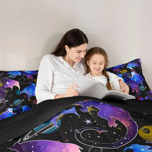 Miniatura 6 de Feelyou Juego de ropa de cama con diseño de dragón y galaxia, cielo estrellado, para niños y niñas, diseño de dragón, decoración colorida, colección
