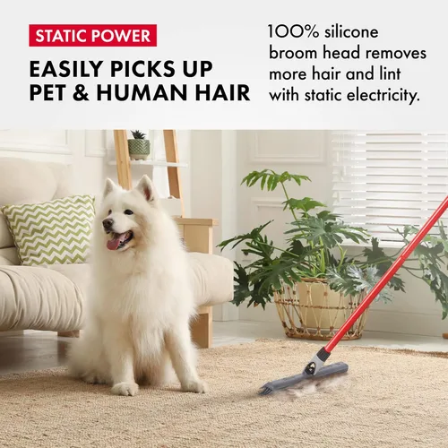 Miniatura 2 de Rastrillo y Rasqueta de Goma de Silicona 2 en 1 – Escoba giratoria para eliminación de pelo de mascotas con 1 mango largo – Cerdas laterales
