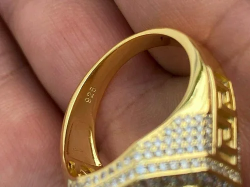 Miniatura 9 de Men's Real Solid 925 Sterling Silver Octagonal Hip Hop Ring - 14k Gold Plated - Super Iced Large Flooded Out Pinky Ring - Sz 7-13