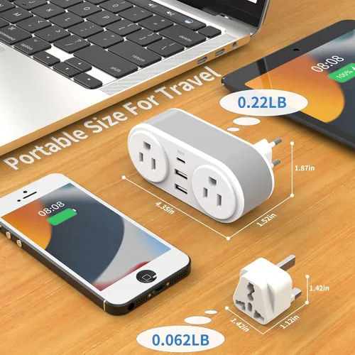 Miniatura 4 de Adaptador de enchufe de viaje europeo para Europa y Reino Unido, enchufe de alimentación internacional con 2 tomas de corriente alterna y 3 puertos