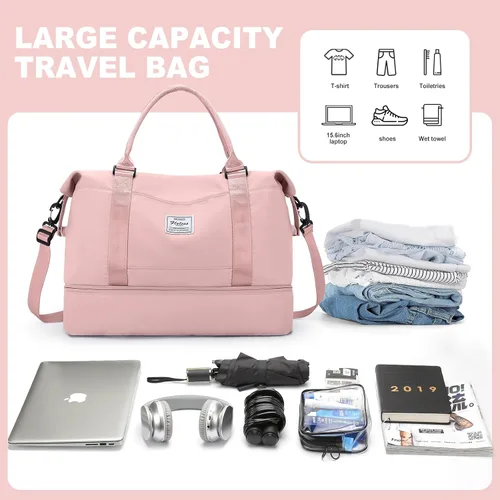 Miniatura 4 de Bolsas de fin de semana para mujer, bolsas de viaje con compartimento para zapatos, Rosado, Bolsa de viaje+neceser