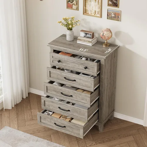 Miniatura 5 de GarveeHome Cómoda de 5 cajones verticales de 41.3 pulgadas de alto con gran almacenamiento, cómoda de madera independiente para dormitorio, sala