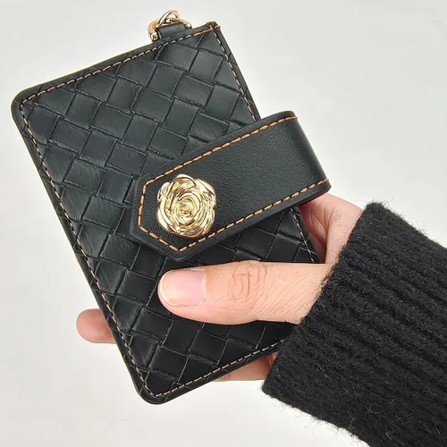 Miniatura 2 de Cartera con llavero de pulsera, cartera de cuero con correa de pulsera, bolsillo delgado RFID para tarjetas de crédito con cordón, Negro -, Plegable