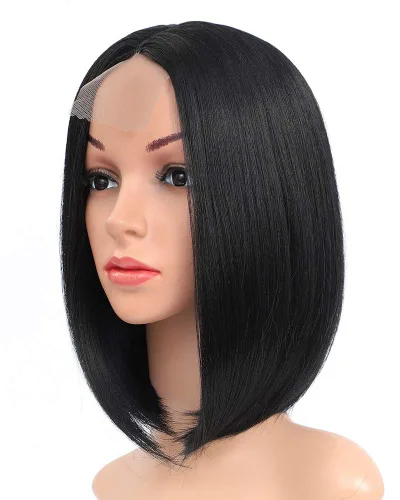Miniatura 2 de Pelucas negras estilo Bob pelucas cortas y rectas para mujer, pelo sintético resistente al calor, parte media, aspecto natural, uso diario, cosplay