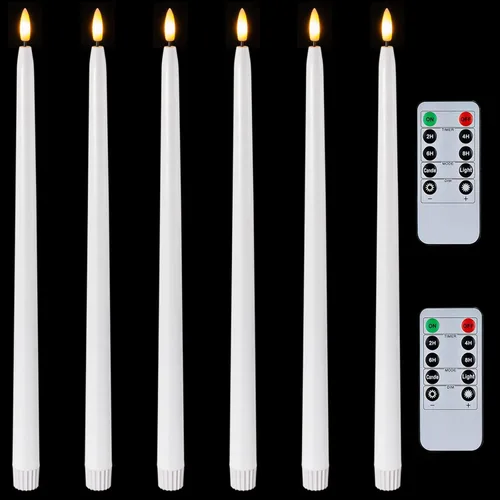 Homemory Velas cónicas sin llama de cera real de 15 pulgadas con temporizador remoto, 6 piezas de velas cónicas LED blancas que funcionan con pilas