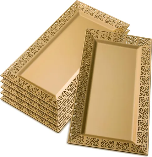 Miniatura 8 de Silver Spoons Bandejas de encaje desechables para bodas y cenas de lujo 6 piezas Oro 14' x 7.5