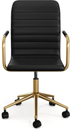 Miniatura 12 de Martha Stewart Taytum - Silla giratoria de escritorio con reposabrazos para oficina en casa, en cuero sintético negro con marco de latón pulido
