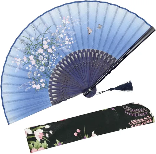 Miniatura 12 de OMyTea, abanico desplegable con motivo de flores de yuyos (8.27 pulgadas - 21 centímetros) con funda de tela para protección, estilo chino/japonés