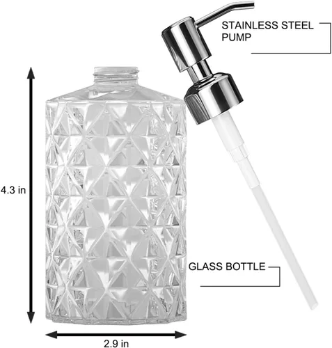Miniatura 8 de GLADPURE Dispensador de jabón - paquete de 2 dispensadores de jabón de manos de vidrio transparente, 12 onzas de capacidad, con diseño de diamante