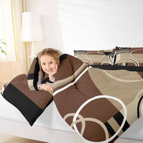Miniatura 5 de Juego de edredón moderno de tamaño individual, color marrón, gris y negro, juego de ropa de cama con espirales geométricos para niños y niñas