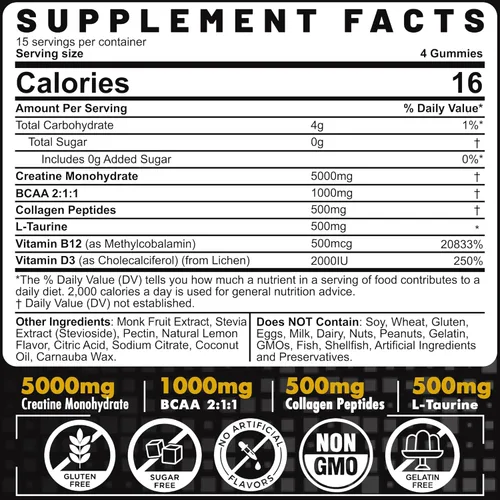 Miniatura 2 de EnvyCure Gomitas de monohidrato de creatina para hombres y mujeres, con BCAA, péptidos de colágeno, L-taurina, vitamina B12, D3, monohidrato