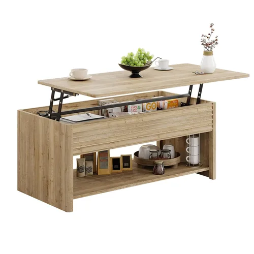 Miniatura 11 de Mesa de centro con parte superior acanalada para sala de estar, mesa de centro pequeña con almacenamiento de elevación hidráulica, gran capacidad