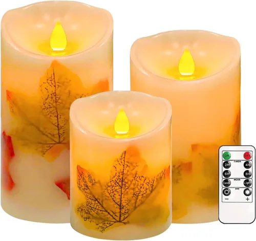 Velas sin llama, juego de 3 velas LED parpadeantes de hoja de arce con control remoto y temporizador, velas LED regulables que funcionan con pilas,