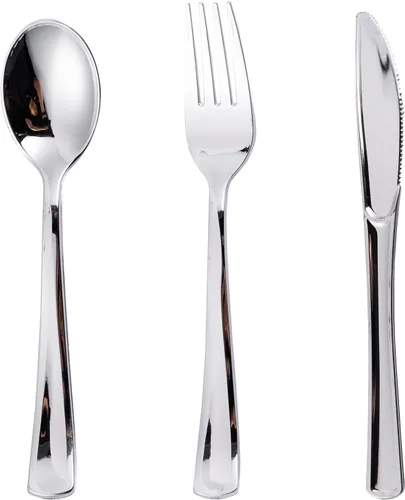 Miniatura 8 de N9R 200 piezas de cubiertos de plástico dorado desechables - Juego de cubiertos de plástico dorado, 100 tenedores, 50 cucharas, 50 cuchillos
