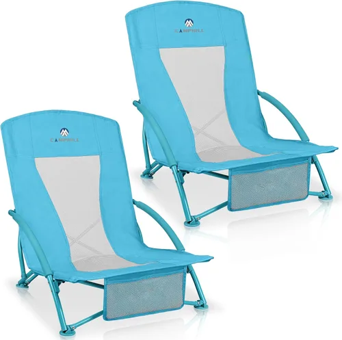 Miniatura 9 de Paquete de 2 sillas de playa bajas, sillas de asiento bajas plegables compactas para adultos con respaldo de malla, portavasos y bolsa