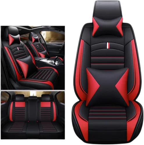 Miniatura 6 de Juego completo de fundas de cojín y almohadas de cuero sintético para asiento delantero y trasero de coche con reposacabezas y soporte de cintura, 5