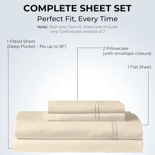 Miniatura 3 de Sábanas de Cama de Algodón 100% Natural Juego de Sábanas Cal King de Tejido Satén de Una Sola Capa 500 TC Ropa de Cama Sólida Suave e Crema Beige