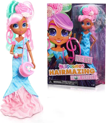 Hairdorables Just Play - Muñecas de moda perfectas para baile de graduación, Dee Dee, cabello rosa y verde, juguetes para niños a partir de 3 años