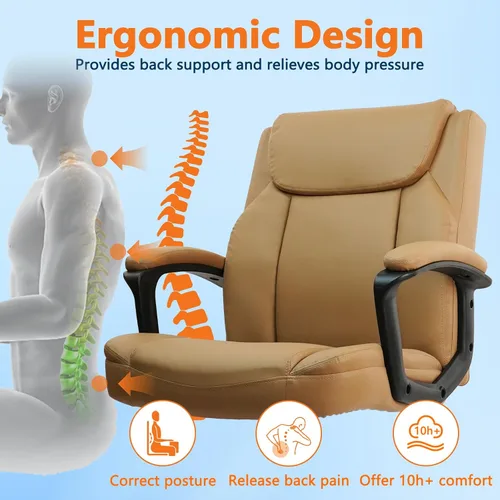 Miniatura 4 de CLATINA - Silla ejecutiva de oficina con respaldo medio de cuero, soporte lumbar y reposabrazos acolchados, diseño ergonómico ajustable y giratorio