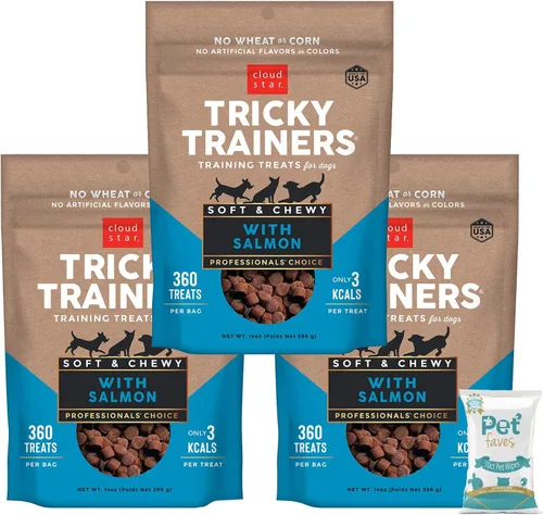 Cloud Star Tricky Trainers - Golosinas de entrenamiento suaves y masticables para perro, bajas en calorías. Salmón de 14 onzas, con 10 toallitas