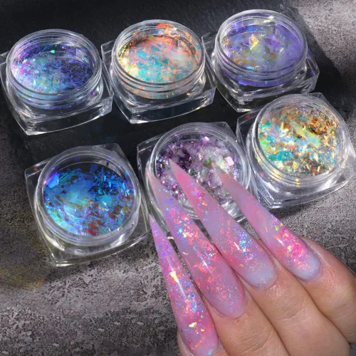 Miniatura 7 de Arte de uñas holográfico de ópalo con purpurina en polvo, pigmento iridiscente, cristal de hielo, paillettes de sirena, lentejuelas brillantes