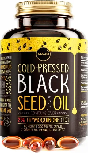 Maju Superfoods Cápsulas de aceite de semilla negra, prensado en frío, 2% timoquinona, 100% aceite de semilla de comino negro turco, Nigella sativa,